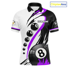 Load image into Gallery viewer, Personalized purple 8 ball and 9 ball custom billiard polo shirt for men, billiard team jersey.