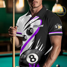 Load image into Gallery viewer, Man wearing a purple 8 ball and 9 ball billiard jersey front view.