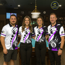 Load image into Gallery viewer, Pool team wearing matching purple 8 ball and 9 ball billiard jerseys front view.