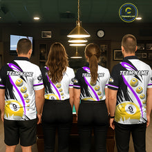Load image into Gallery viewer, Back view of pool team wearing matching purple 8 ball and 9 ball billiard shirts.