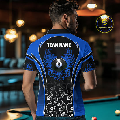 Man Wearing Personalized Black and Blue 8 Ball Wings Custom Pool Team Jersey Featuring the Complete Rear Graphic Design, Back View