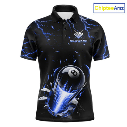 Personalized Blue Lightning Strike 8 Ball Pool Billiard Polo Shirt for Men Featuring Electric Blue Lightning Artwork for Pool League Players, Team Competition, and Tournament Events