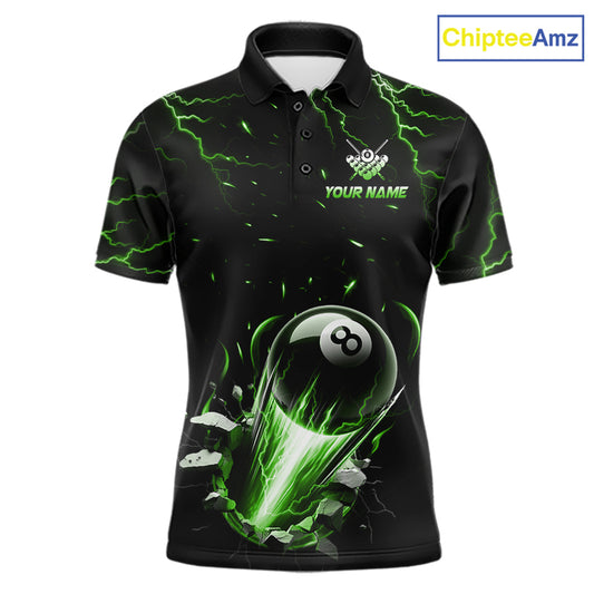 Custom Green Lightning Strike 8 Ball Pool Billiard Polo Shirt for Men Featuring Bold Green Lightning Artwork for Pool League Players, Team Competition, and Tournament Events
