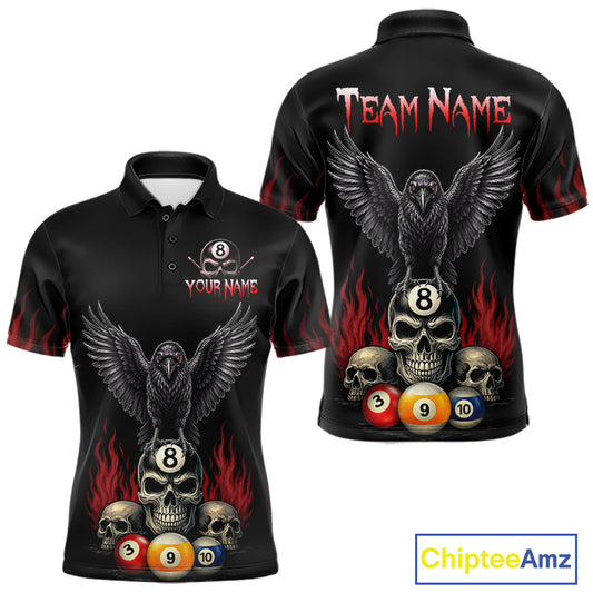 Custom Raven 8 Ball Pool Skull Polo Shirt for Men Designed for Personalized Billiard Team Jerseys with Premium Athletic Performance, Bold Halloween Graphics, and League Ready Style