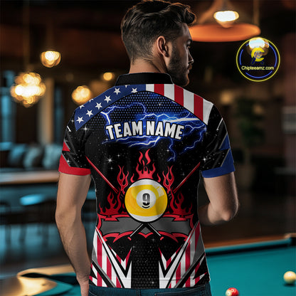 9 Ball Pool Billiard Jerseys Custom Lightning American Flag Men Billiard Shirts, 9 Ball Team Shirts TDM2867