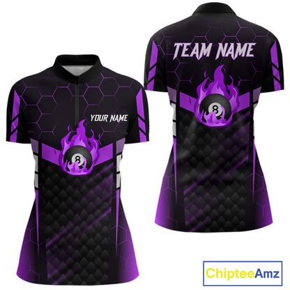 Personalized Purple 8 Ball Flame Billiard Shirt For Women Custom Billiard Team Jersey Polo & 1/4 Zip TDM5585