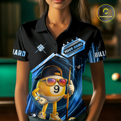 Blue Funny 9 Ball Billiard Shirt For Women Custom Pool Team Shirt, Billiard Jersey Polo & 1/4 Zip TDM5834