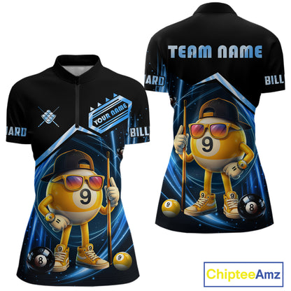 Blue Funny 9 Ball Billiard Shirt For Women Custom Pool Team Shirt, Billiard Jersey Polo & 1/4 Zip TDM5834