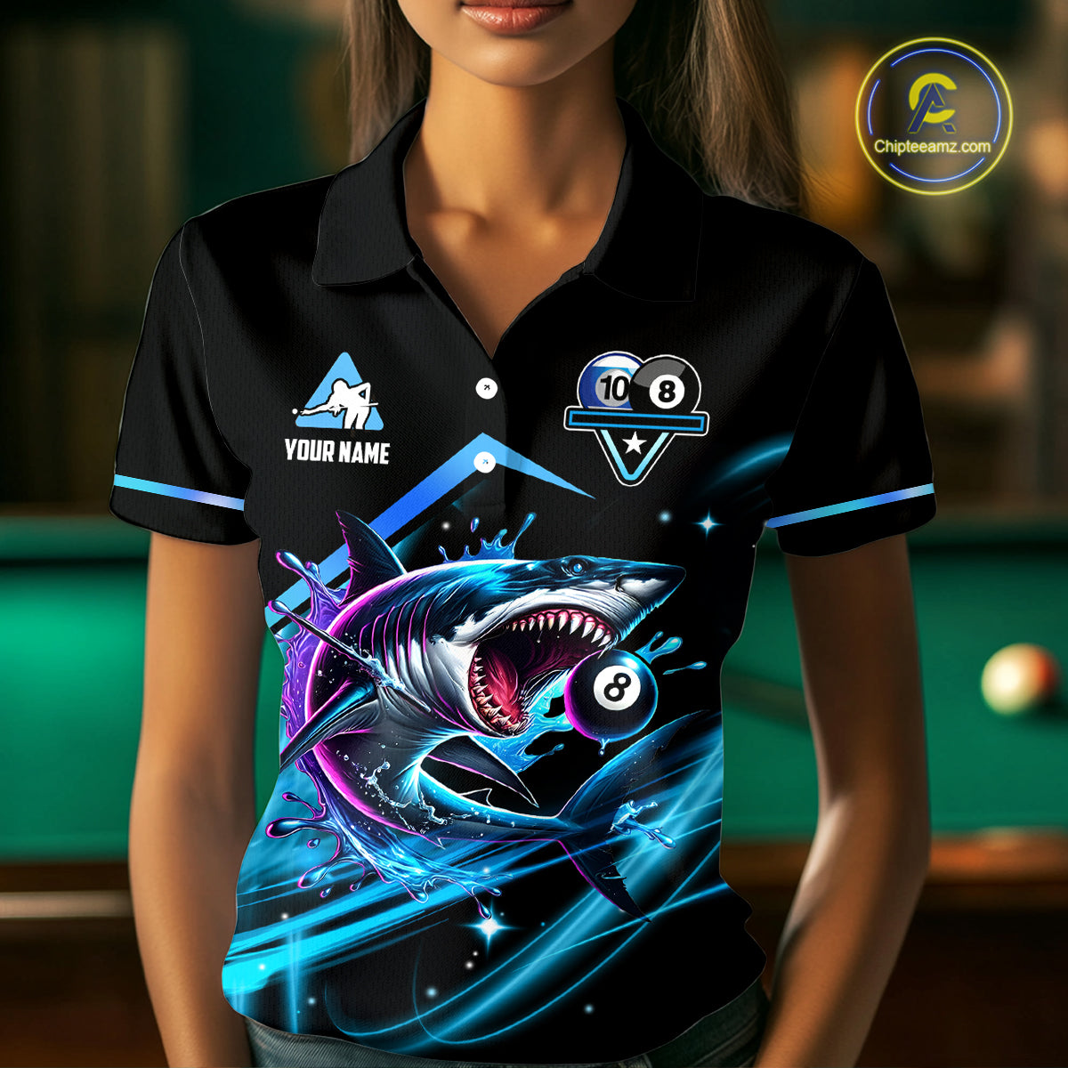 Blue 8 Ball & 10 Ball Pool Billiard Shark Polo & Quarter Zip For Women Custom Team Billiard Jerseys TDM4090