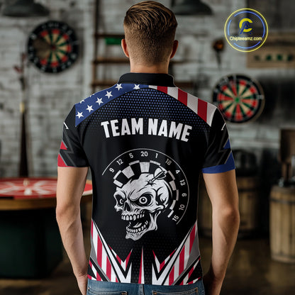 Personalized Patriotic Skull Darts Shirt For Men Custom American Flag Darts Jersey Polo & 1/4 Zip TDM4463