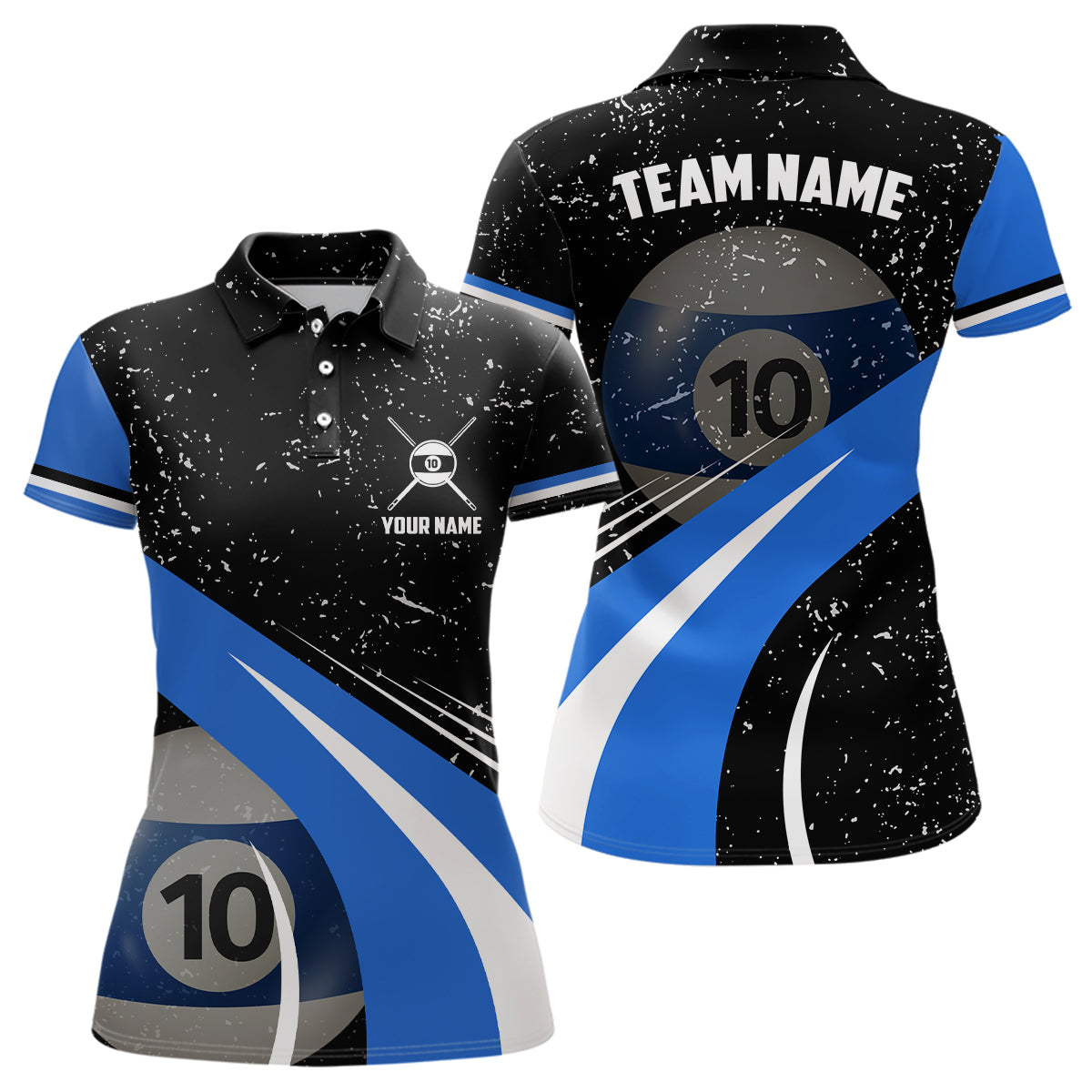 10 Ball Pool Billiard Jerseys Grunge Style Custom Women Billiard Polo Shirts, 10 Ball Pool Shirts TDM1033