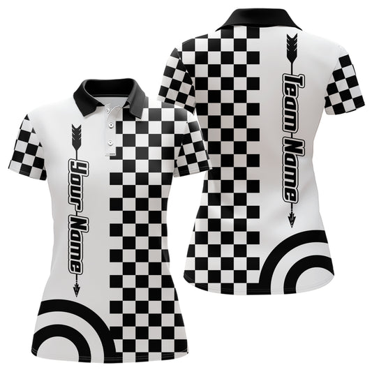 Personalized Name Archery Checkerboard Pattern Women Polo Shirts, Archery Game Shirts For Archers TDM0480