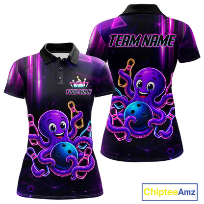 Colorful neon octopus bowling polo shirt for women with fun custom bowling team graphics.
