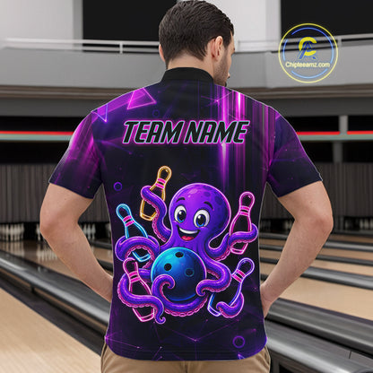 Back view of man wearing a neon octopus bowling quarter zip shirt in a bowling alley.
