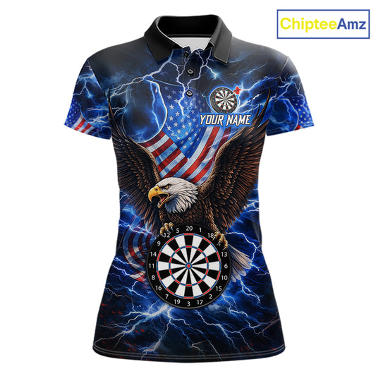 Blue Thunder Lightning US Flag Eagle Darts Polo Shirt for Women Featuring Patriotic American Eagle Artwork with Electric Lightning Effects for Dart League Players and Tournament Competition