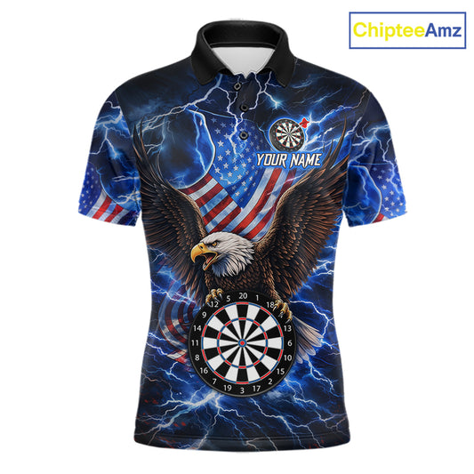 Blue Thunder Lightning US Flag Eagle Darts Polo Shirt for Men Featuring Patriotic American Eagle Artwork with Electric Lightning Effects for Dart League Players and Tournament Competition