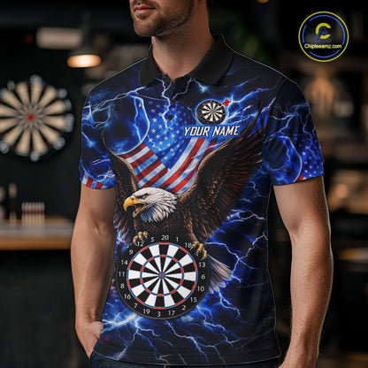 Man Wearing Blue Thunder Lightning US Flag Eagle Darts Polo Shirt with Athletic Performance Fit and Patriotic Eagle Graphic Artwork, Front View