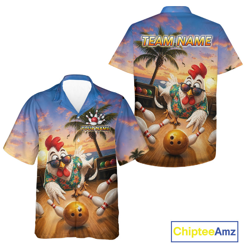 Funny Tropical Rooster Chicken Bowling Hawaiian Shirt For Men Women Custom Vintage Bowling Jersey TDM6475