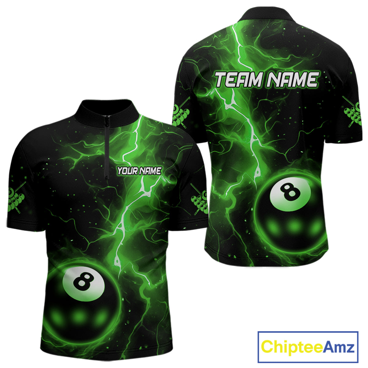 Green 8 Ball Thunder Lightning Billiard Shirt For Men Custom Pool Team Jersey Polo & 1/4 Zip TDM6259