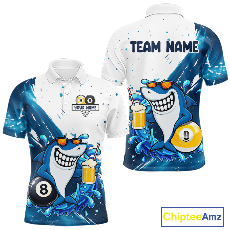 Custom blue funny shark 8 ball and 9 ball pool billiard team jersey polo shirt for men, personalized pool league apparel and tournament jersey.