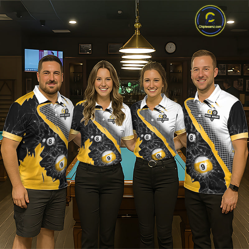Black And Yellow 8 Ball & 9 Ball Break Glass Billiard Jersey For Men Custom Pool Team Shirts TDM7159