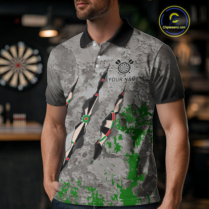 Custom Green Grey Grunge Dart Shirt With Pocket Option For Men, Darts Jersey TDM4528