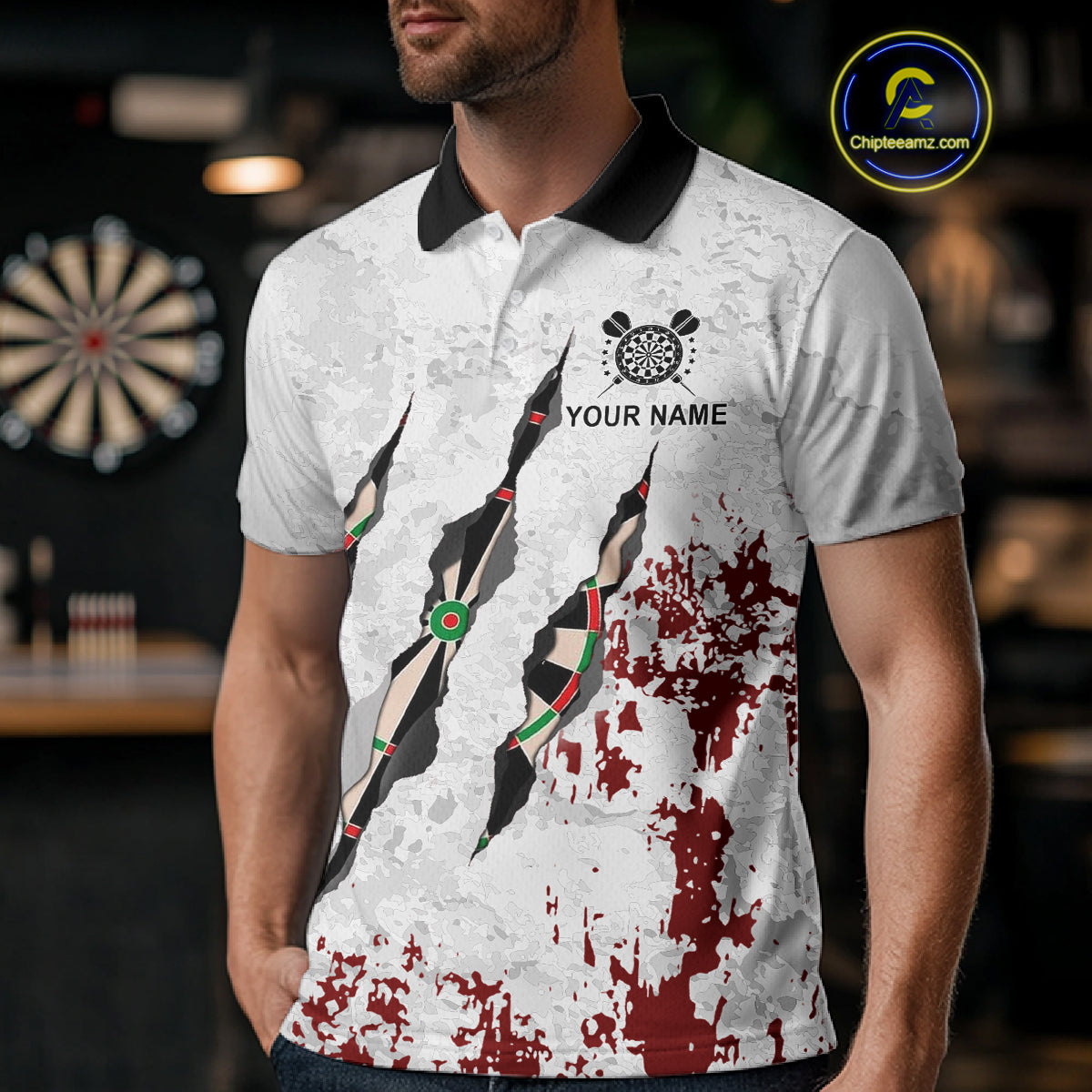 Custom White Red Grunge Dart Shirt With Pocket Option For Men, Darts Jersey TDM4529