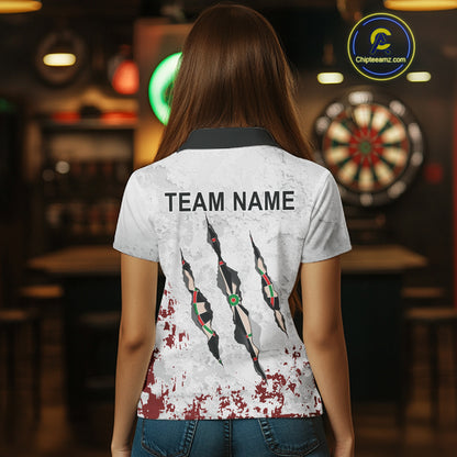 Custom White Red Grunge Dart Shirt With Pocket Option For Women, Darts Jersey TDM4529