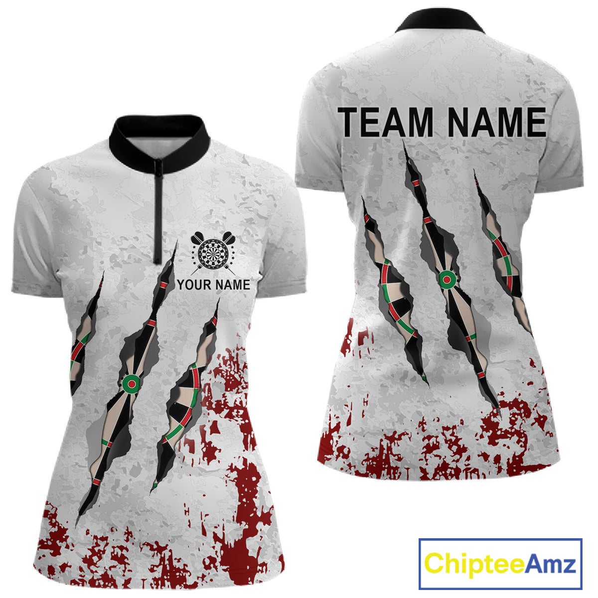 Custom White Red Grunge Dart Shirt With Pocket Option For Women, Darts Jersey TDM4529