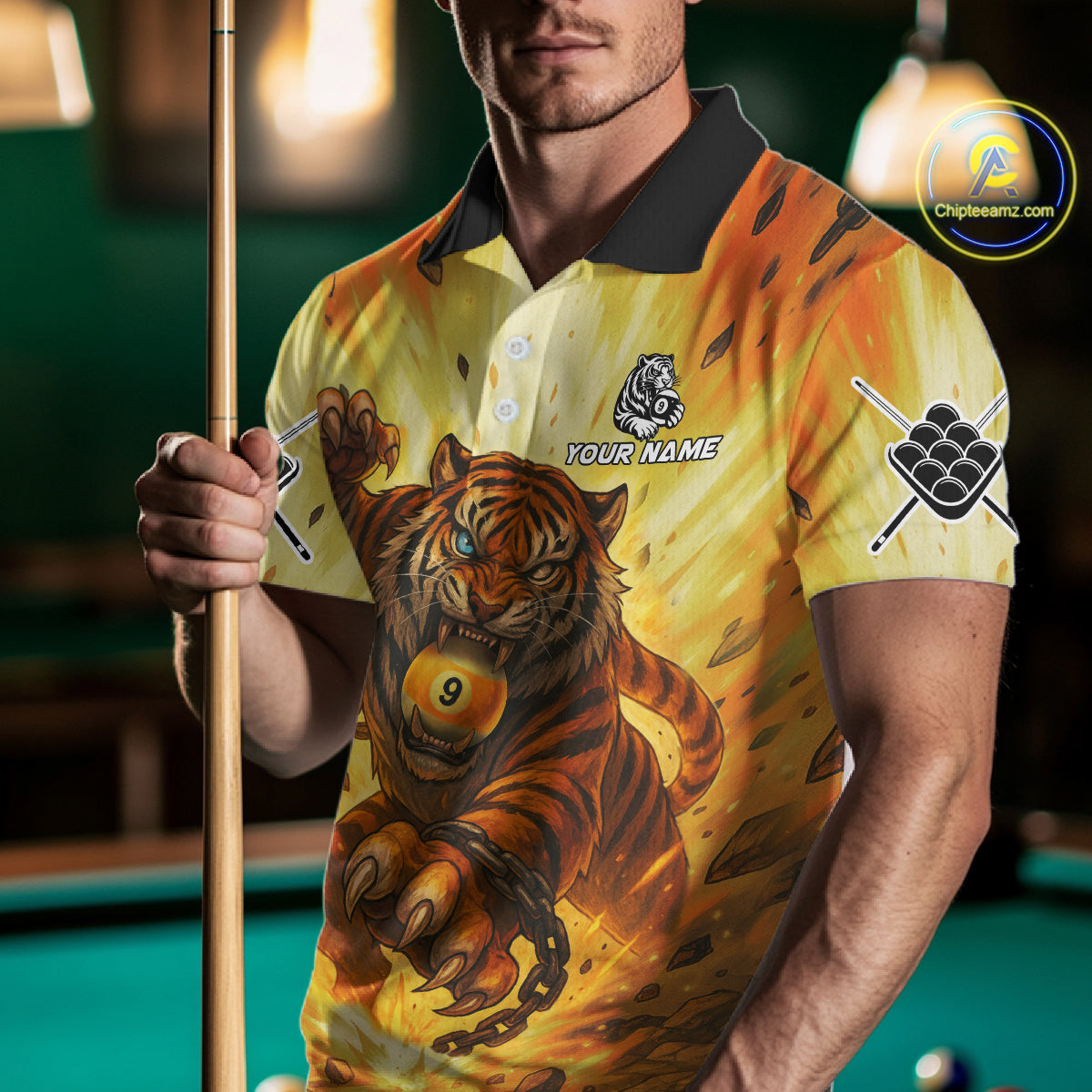 Personalized Yellow 9 Ball Pool Tiger Billiard Shirt For Men Custom Billiard Team Jersey Outfit TDM4541