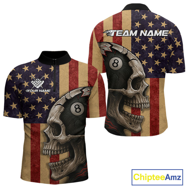 Vintage American Flag Skull Billiard Shirt For Men Custom 8 Ball Patriotic Pool Team Jerseys TDM4156