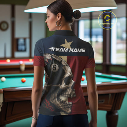 Personalized Grunge Texas Flag Skull Billiard Shirt For Women, 8 Ball Patriotic Pool Team Jerseys TDM4158