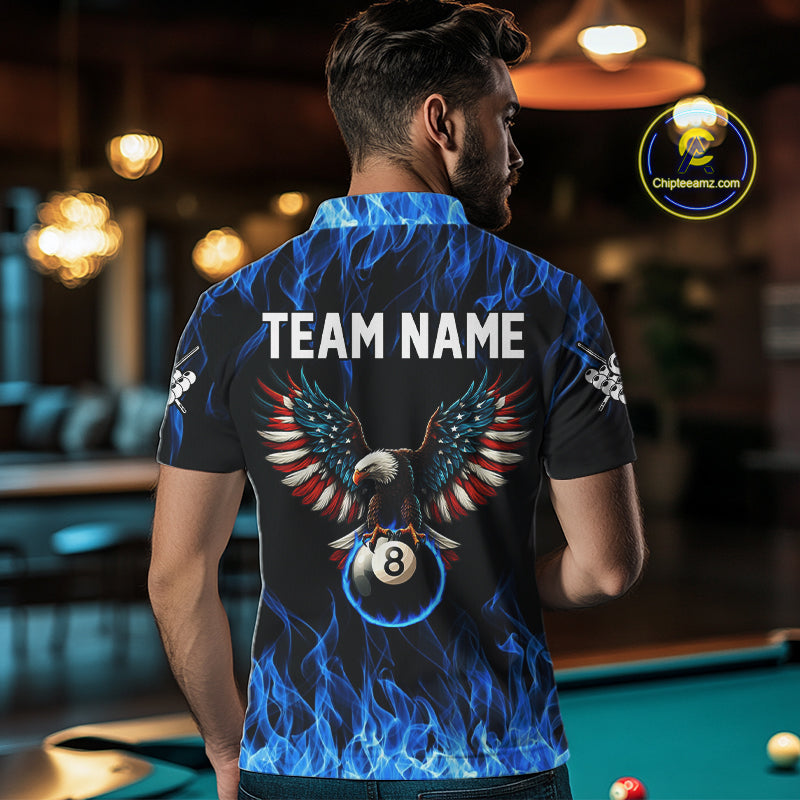 Blue Flaming American Flag Eagle 8 Ball Billiard Shirt For Men Custom Patriotic Pool Team Jersey TDM4328