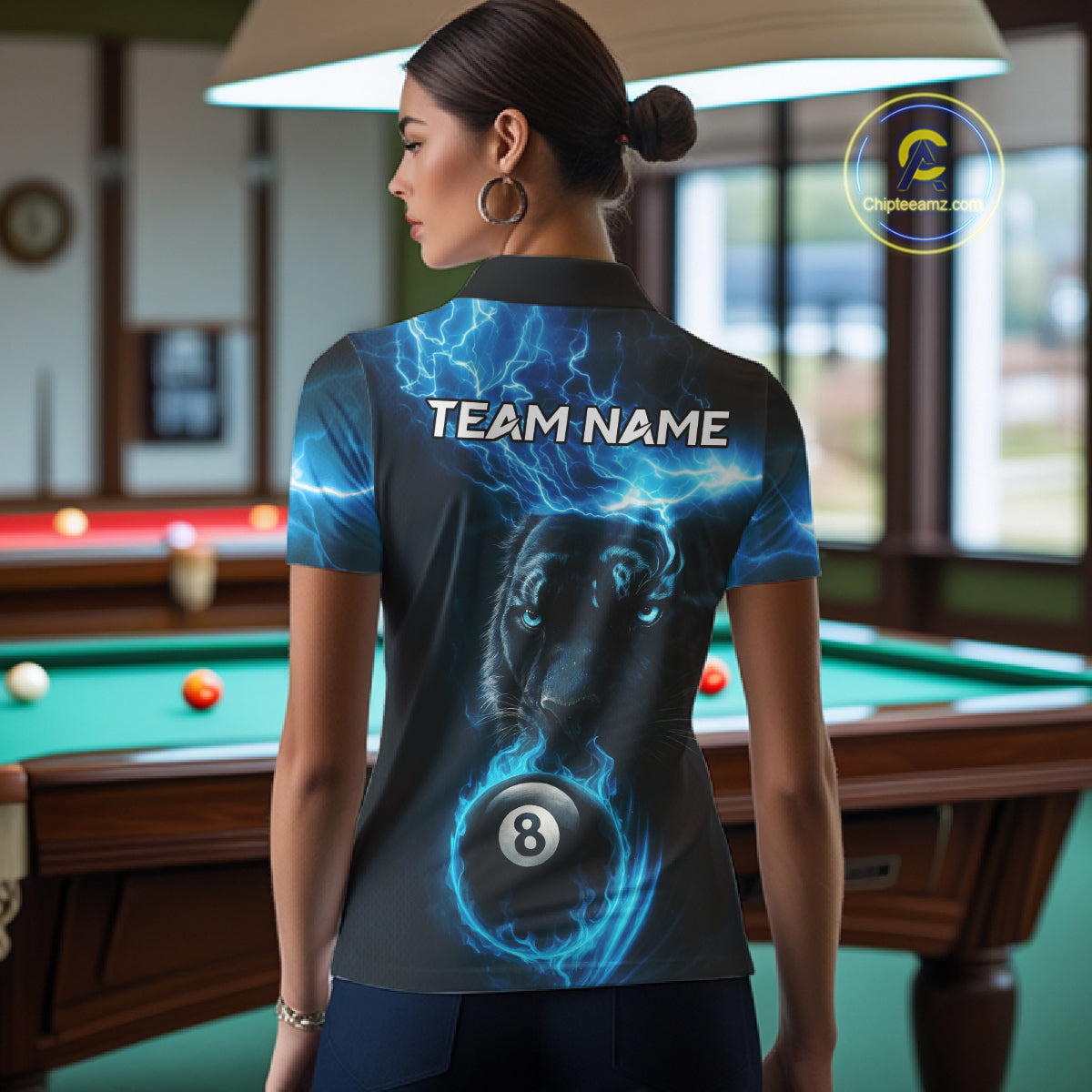 Custom Panther Billiard Polo & 1/4 Zip For Women, Blue Flame 8 Ball Lightning Pool Team Jersey TDM4580