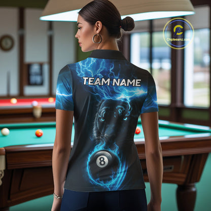 Custom Panther Billiard Polo & 1/4 Zip For Women, Blue Flame 8 Ball Lightning Pool Team Jersey TDM4580