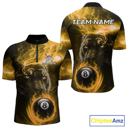 Custom Panther Billiard Polo & 1/4 Zip For Men, Yellow Flame 8 Ball Lightning Pool Team Jersey TDM4581