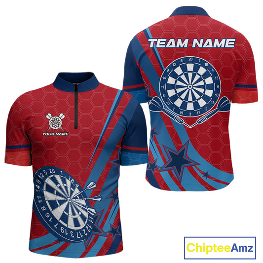 Red And Blue Stars Darts Shirt For Men Custom Dartboard Jerseys Team Polo & 1/4 Zip, Darts Outfit TDM4357