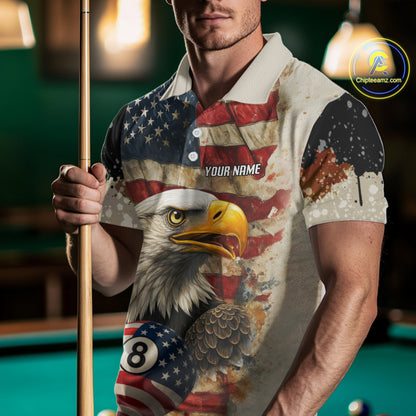 Personalized Patriotic Eagle 8 Ball Billiard Shirt For Men, Vintage American Flag Pool Team Jersey TDM4218