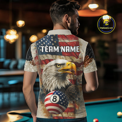 Personalized Patriotic Eagle 8 Ball Billiard Shirt For Men, Vintage American Flag Pool Team Jersey TDM4218