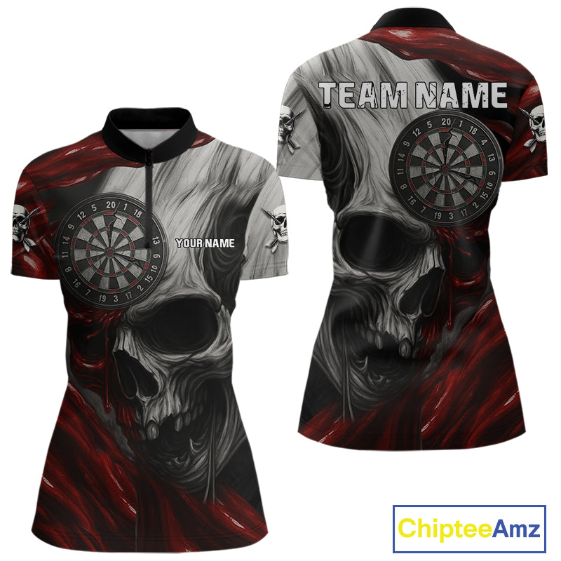 Personalized Gothic Skull Darts Shirt For Women Custom Darts Jersey Team Uniform Polo & 1/4 Zip|Red TDM4379