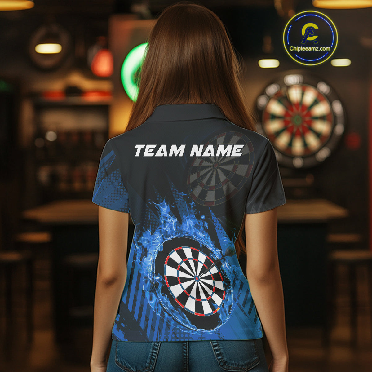 Blue Dartboard Fire Flame Darts Shirt For Women Custom Darts Jersey, Dart Team Shirt Polo & 1/4 Zip TDM4800