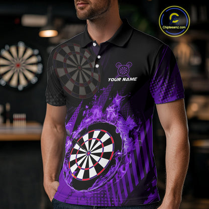Purple Dartboard Fire Flame Darts Shirt For Men Custom Dart Jersey, Dart Team Shirt Polo & 1/4 Zip TDM4801