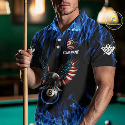 Blue Flaming American Flag Eagle 8 Ball Billiard Shirt For Men Custom Patriotic Pool Team Jersey TDM4231