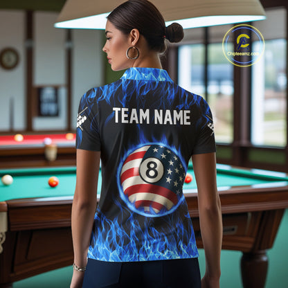 Blue Flaming American Flag Eagle 8 Ball Billiard Shirt For Women Custom Patriotic Pool Team Jersey TDM4231