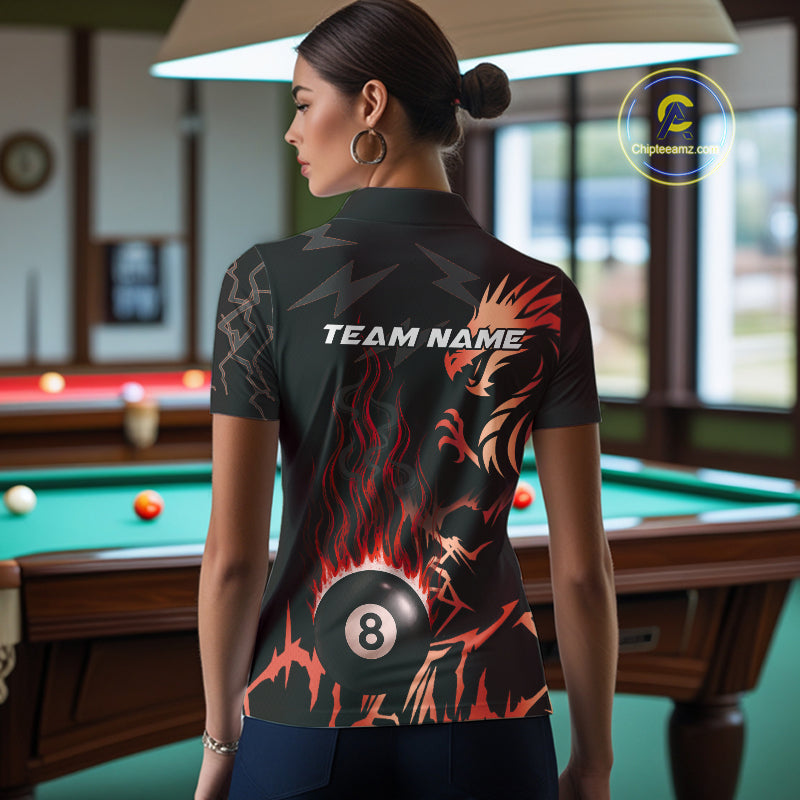 Black And Red Flaming 8 Ball Pool Shirt For Women Custom Dragon Billiards Team Jersey Polo & 1/4 Zip TDM4812
