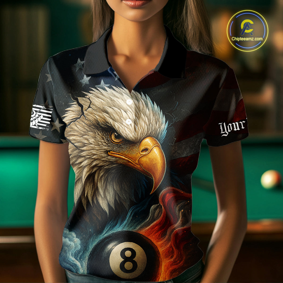 Personalized Eagle Flame 8 Ball Billiard Shirt For Women Custom Patriotic US Flag Pool Team Jersey TDM4819