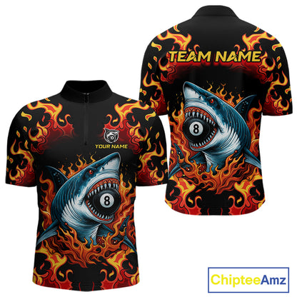 Customized Orange 8 Ball Pool Flame Shark Billiard Shirt For Men, Pool Team Jersey Polo & 1/4 Zip TDM4394