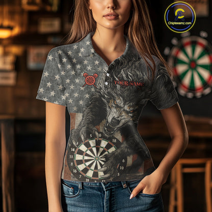 Personalized Vintage American Flag Wolf Darts Shirt For Women, Patriotic Dart Team Jerseys TDM4243