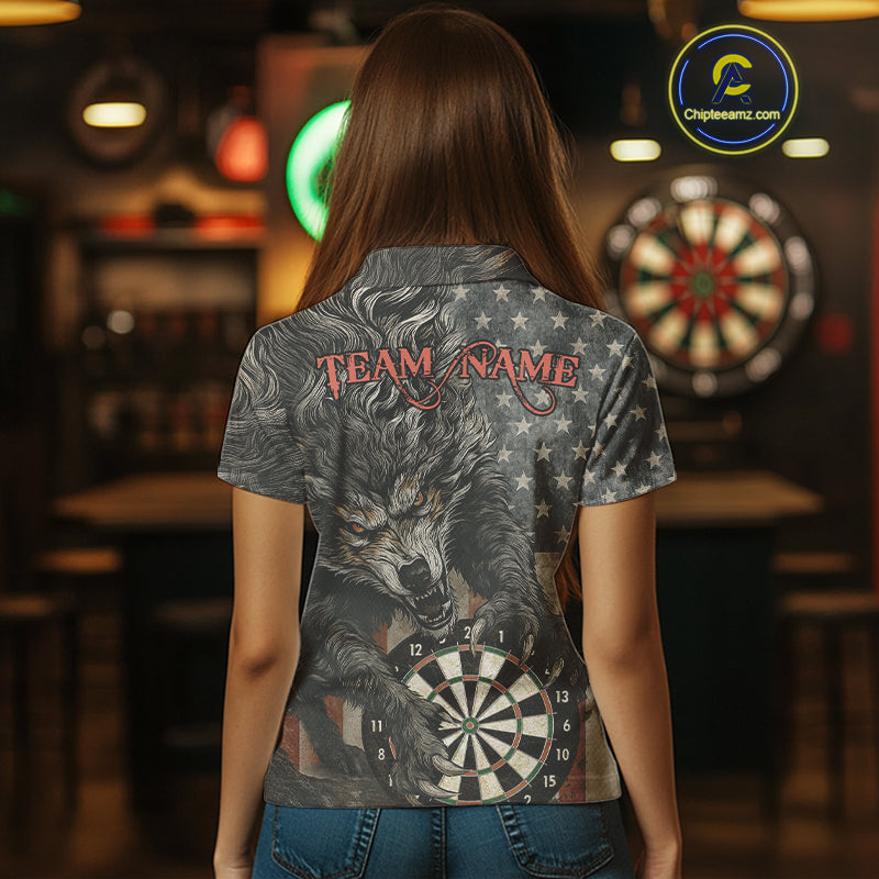 Personalized Vintage American Flag Wolf Darts Shirt For Women, Patriotic Dart Team Jerseys TDM4243