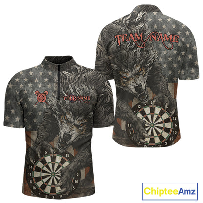 Personalized Vintage American Flag Wolf Darts Shirt For Men, Patriotic Dart Team Jerseys TDM4243